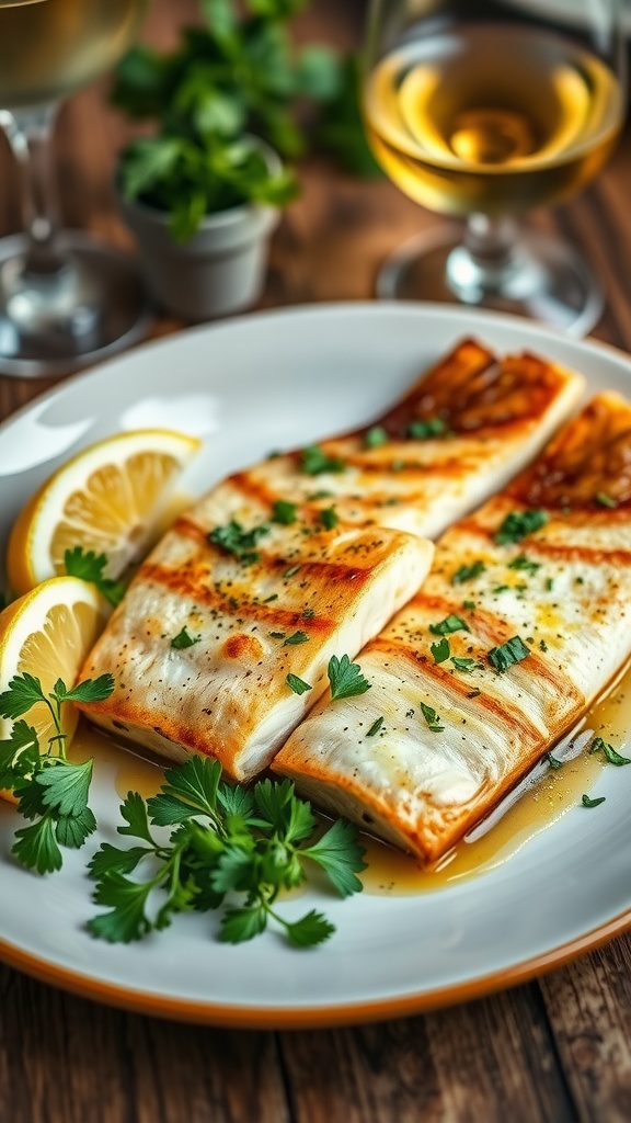 Pan-seared sea bass fillets with garlic butter sauce and lemon wedges, garnished with parsley on a rustic table.